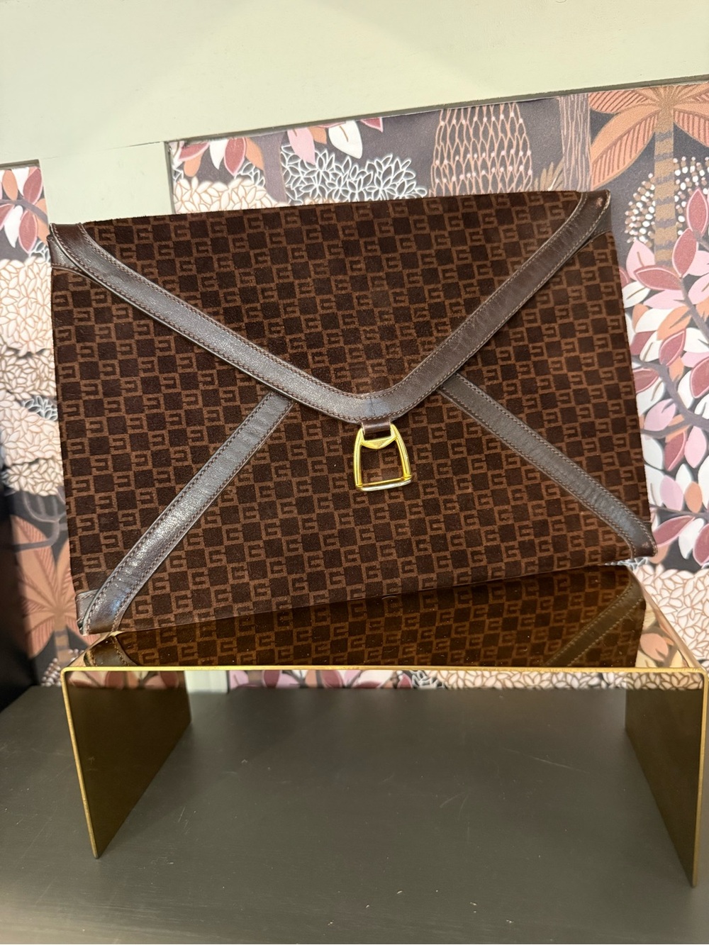 Vintage Gucci Brown Monogram Envelope Clutch with Gold Buckle